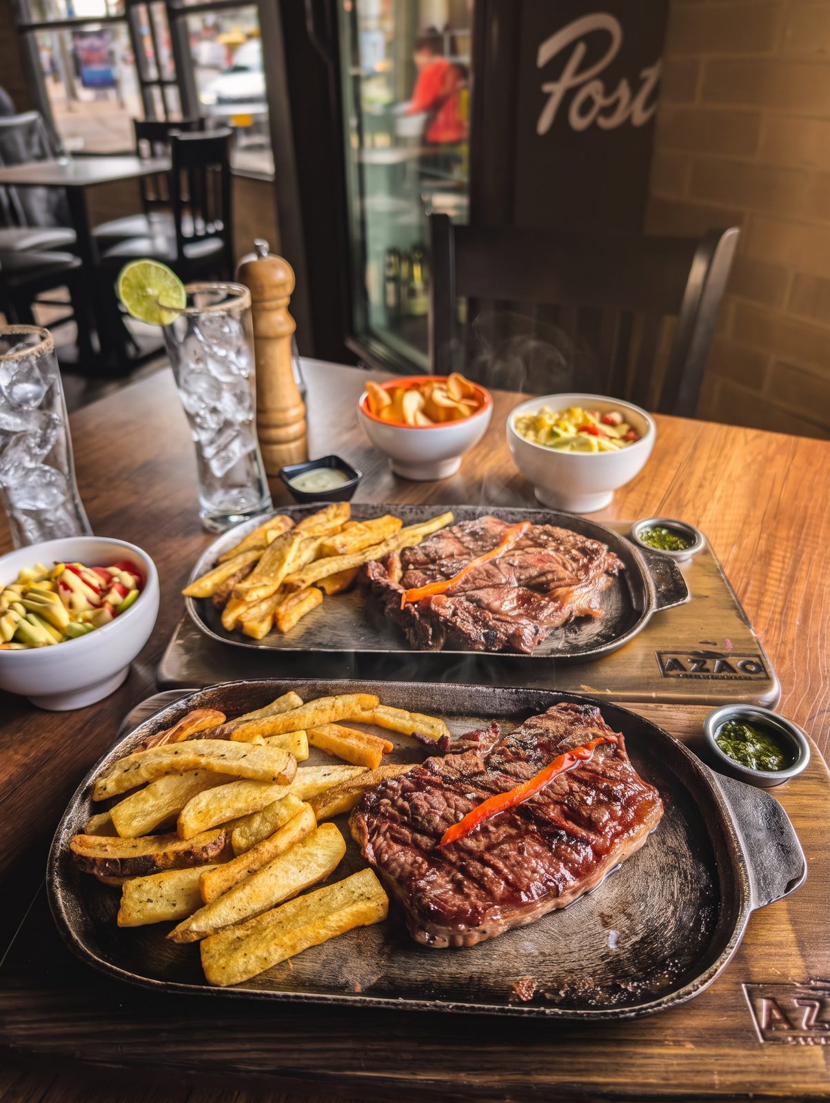 Churrasco con papas en cascos, ensalada y chimichurri, servido en plancha de hierro