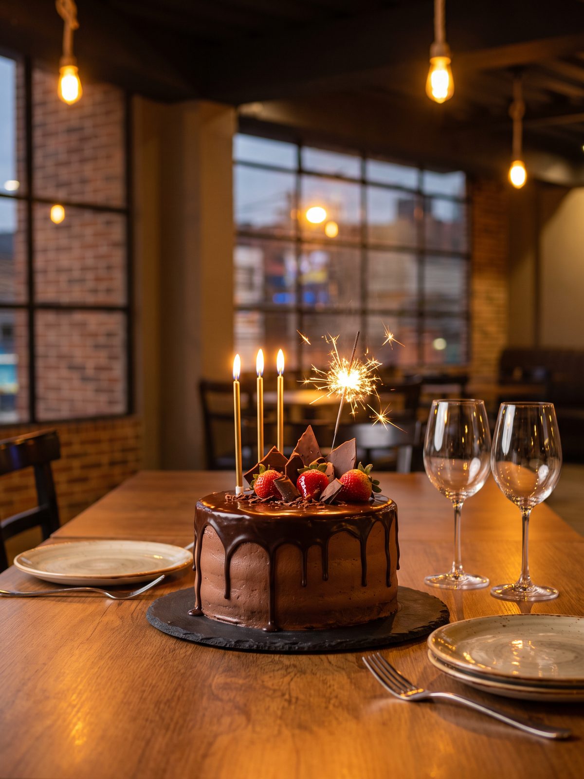 Torta de chocolate con ganache, fresas, velas doradas y bengala sobre una mesa de madera del salón de Azao (imagen generada con IA)